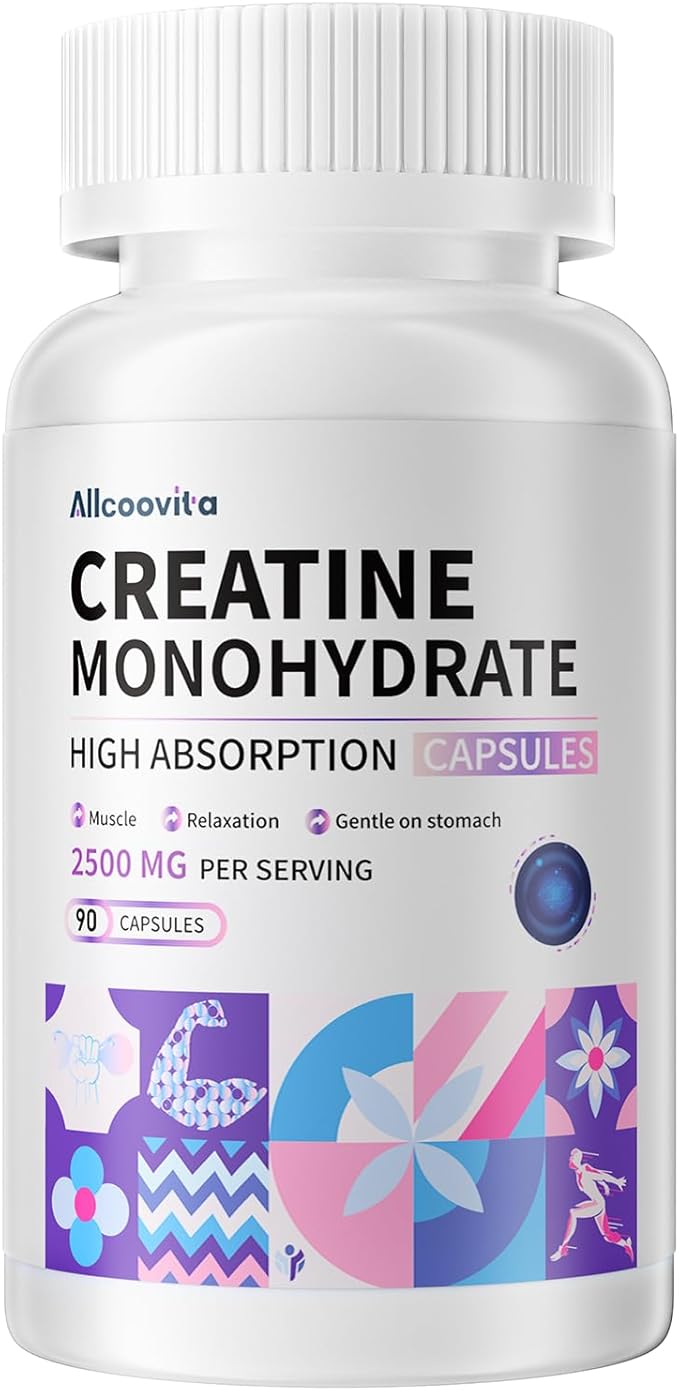 Allcoovita Creatine Monohydrate Capsules -3 Creatine Capsules per Serving, 2500mg, Gluten Free, 90 Capsules