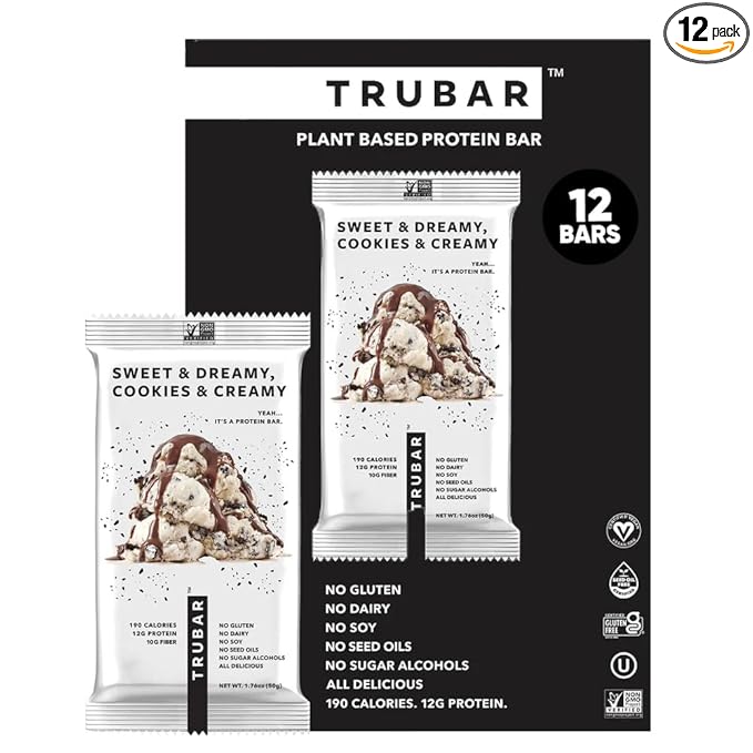 TRUBAR Vegan Protein Bar, Sweet & Dreamy Cookies and Creamy, Gluten Free, Plant Based Protein, Dairy Free, Non GMO, Soy Free, No Sugar Alcohols, 12G Protein, 12G Fiber, 23G Carb,Snack Bars, 12ct