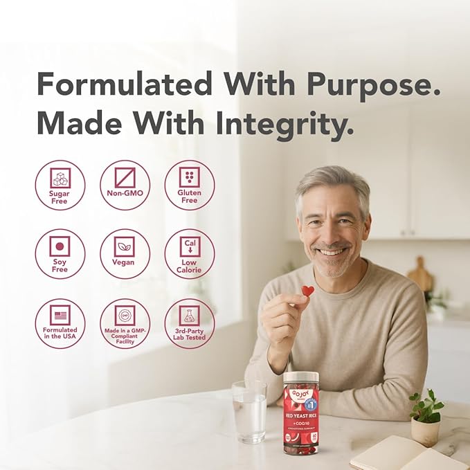 GOJOY Naturals Red Yeast Rice with CoQ10 Gummies - Sugar-Free Heart Health Supplement - Red Rice Yeast 1000mg + CoQ10 100mg - Citrinin-Free, Vegan, Non-GMO