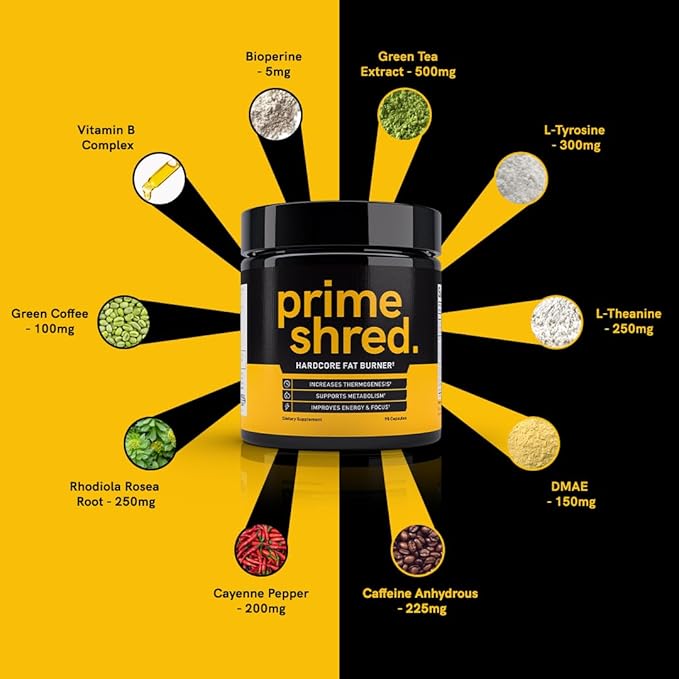PrimeShred: Fat Burner for Men, Natural Appetite Suppressant, Thermogenic Workout Metabolism Booster & Energy Supplement, Weight Management w/Green Tea, Caffeine L-Carnitine, Vegan & Soy-Free, 90 Caps