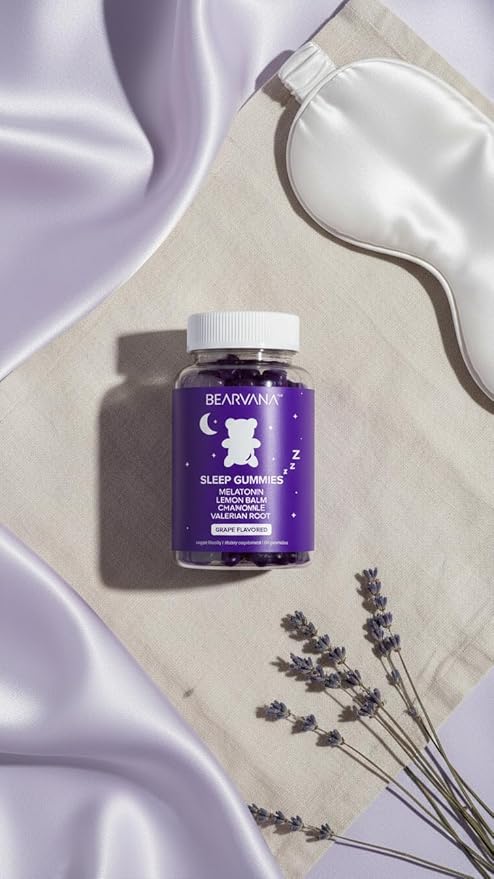 BEARVANA Sleep Gummies with Melatonin | Grape Flavored Vegan Sleep Supplement with Lemon Balm, Chamomile & Valerian Root | Night time Relaxation & Rest Support | 60 Gummies