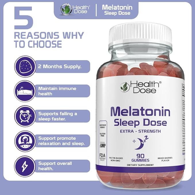 Health Dose Melatonin 6 mg Extra Strength Gummy, Pre-Bedtime Supplement for Restful Sleep, Adults, 90 Gummies, Three Month Supply, Mixed Berries Flavor.