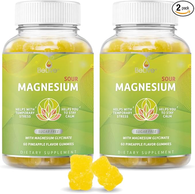 BeLive Magnesium Glycinate Gummies 200 mg - Sugar Free Supplement for Muscle Relaxation, Sleep Support, & Heart Health for Adults & Kids - Pineapple Flavor - 2 Pack, 120 Count
