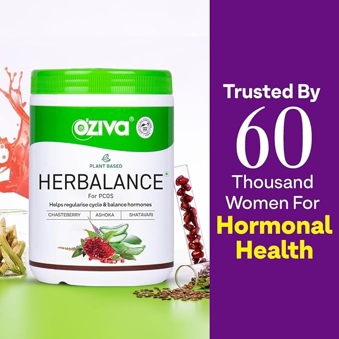 OZIVA Plant Based HerBalance for PCOS | PCOS Supplement for Women for Hormonal Balance & Better Menstrual Cycle | PCOS Drink with Inositol, Shatavari,Chasteberry, Ashoka Certified Clean & Vegan, 250g