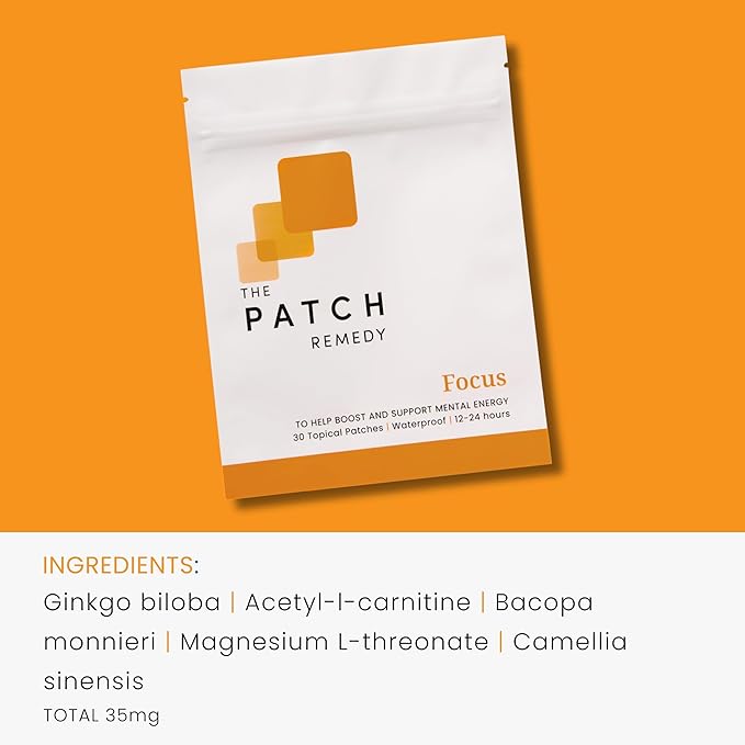 The Patch Remedy Focus Patch | Ginkgo Biloba, Acetyl-L-Carnitine, Bacopa, Magnesium L-Threonate, Green Tea | 30 Patches