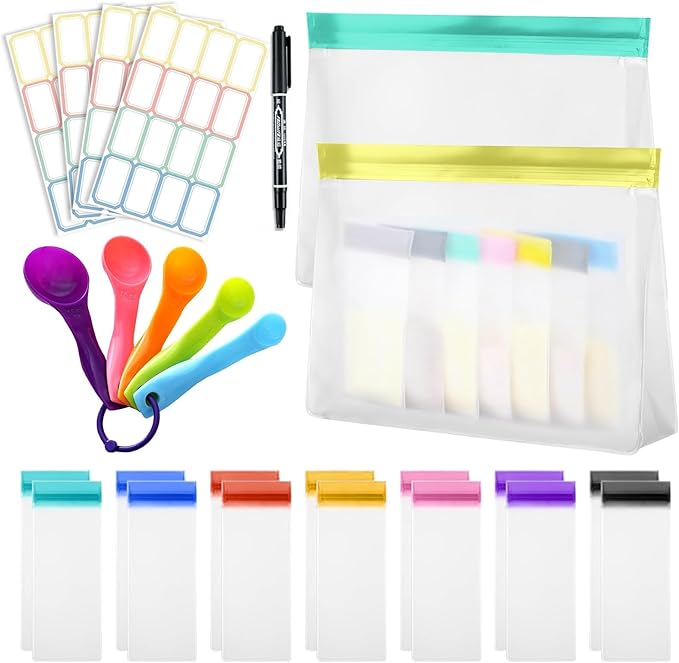 Protein Powder Travel Container Set ,Reusable Protein Powder Supplement Container To Go,14 Pcs Single Dose Bags& 2Pcs Large Zip Bags,Portable Supplement Storage Containers with Spoon , Pen and Labels