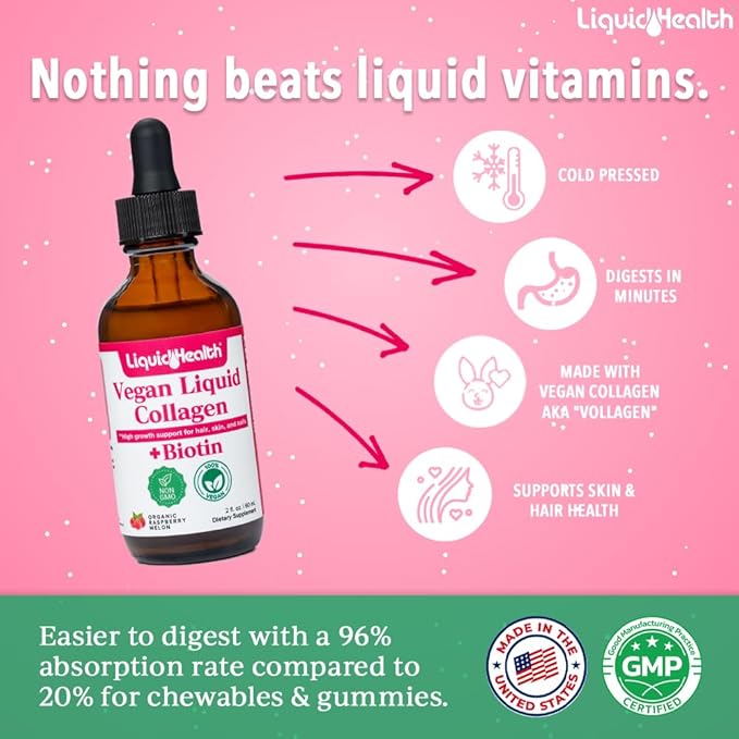 LIQUIDHEALTH 100% Vegan Collagen Plus Biotin 100,000mcg Liquid Drops - Plant-Based Liquid Collagen for Women & Men - Hair & Nail Growth, Skin Health, Boosts Metabolism - Made in USA, Non-GMO (3 Pack)