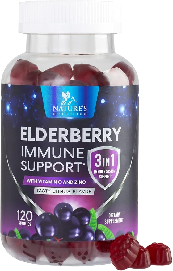 Elderberry Gummies - Black Elderberry Extract Immune Support Gummy with Vitamin C, D3 and Zinc - Sambucus Immune Health Support Supplement for Kids & Adults, Black Elder Berry Vitamins - 120 Gummies