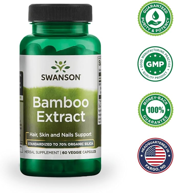 Swanson Bamboo Extract - Natural Hair, Skin and Nails Supplement - 70% Silica Content Supporting Collagen Formation & Bone Growth - (60 Veggie Capsules, 300mg Each)