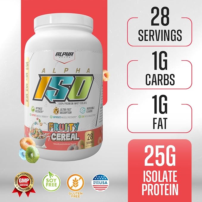 Alpha Supps ISO, Low Carb 100% Whey Protein Isolate Powder, 25 Grams Per Serving, Helps Support Muscle Growth, Low Sugar and Gluten Free (Fruity Cereal, 2 lb)
