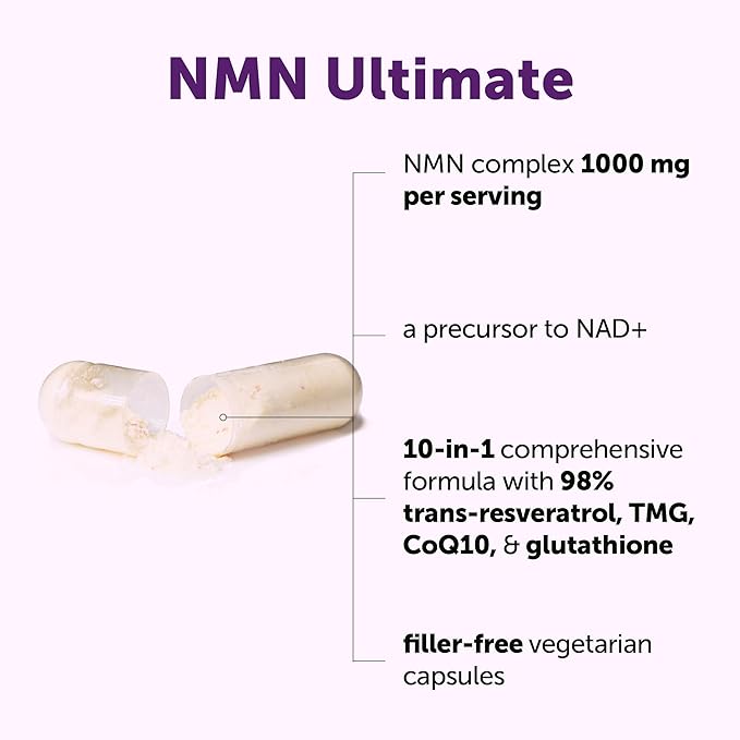 NMN Complex 1,000mg Per Serving, 60 Veggie Capsules | 10-in-1 with Nicotinamide Mononucleotide, Vitamin C, Resveratrol, CoQ10, TMG, Quercetin, & Glutathione | NAD+ Supplement Precursor | Filler Free