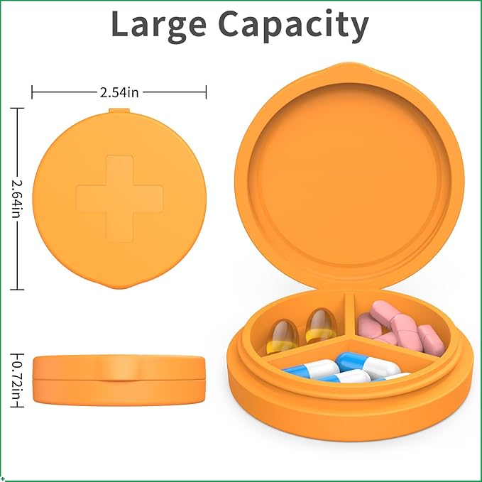 2 Pack Small Pill Box,Premium Thick Silicone 3 Compartment Travel Pill Box for Home/Desk Organizer, Portable Compact Medicine Holder for Vitamin, Cod Liver Oil, Supplement(Orange+Yellow)