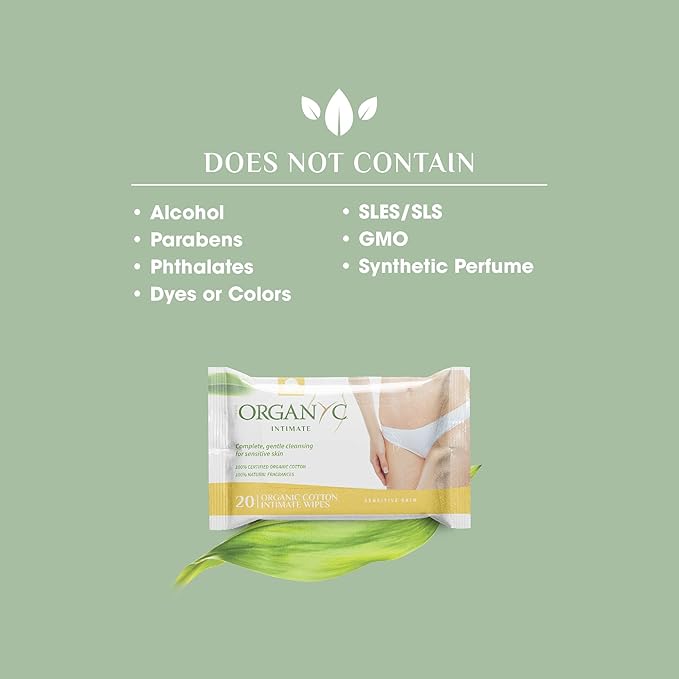 Organyc - 100% Organic Cotton Intimate Wet Wipes, No Parabens, Alcohol, or Chlorine -, White, 20 Count (Pack of 3) (ORGWW1A)