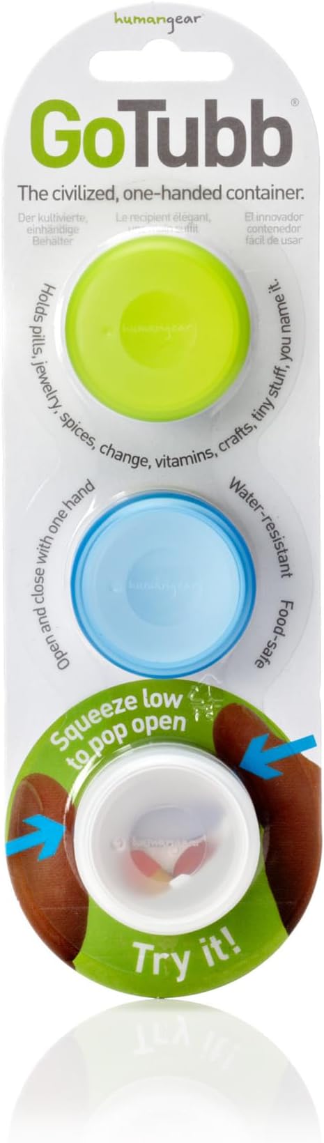 humangear GoTubb – Storage Containers for Snacks, Small Essentials and Travel Gear, Made from Food-Safe Materials, Clear/Green/Blue, Small (3-pack)