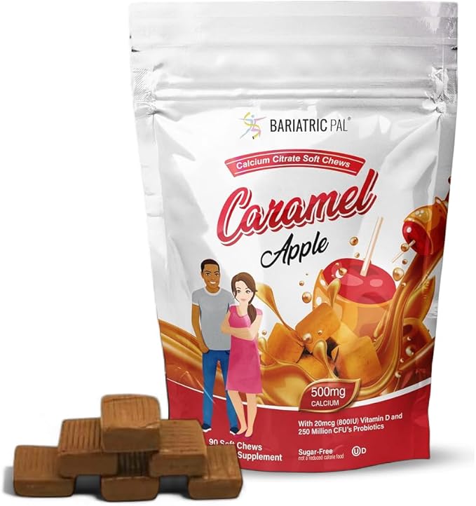 BariatricPal Sugar-Free Calcium Citrate Soft Chews | 500mg with Vitamin D & Probiotics | Caramel Apple | 90 Count (1 Month Supply)