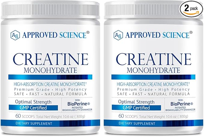 Approved Science Creatine Monohydrate Powder – with BioPerine – Supports Strength, Lean Muscle & Recovery – 5 g Per Serving – Unflavored Creatine Powder – Non-GMO, Vegan – 120 Servings (Pack of 2)