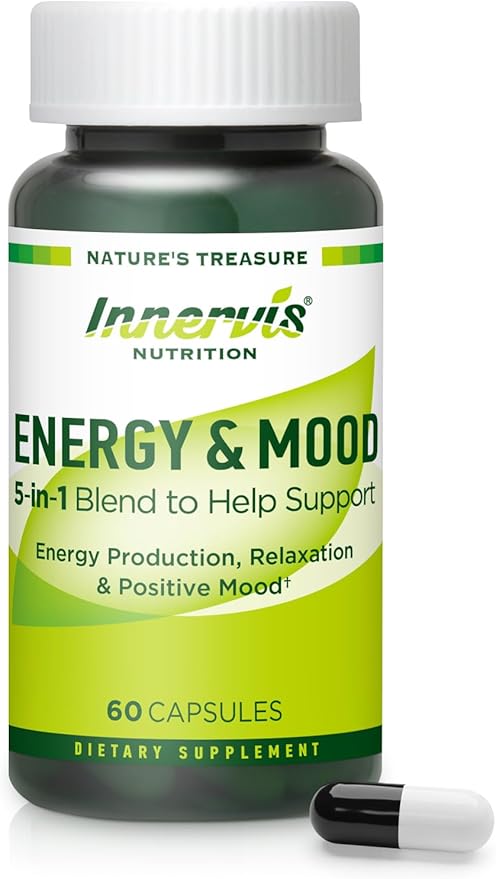 Caffeine Free Natural Energy Boost with Ashwagandha, Maca & Magnesium - Support Stress Relief, Focus & Mood - 60 Capsules by Innervis Nutrition