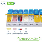 EZY DOSE Weekly AM/PM Pill Organizer, 7-Day Vitamin and Medication Box with Large Pop-Out Compartments, 2 Times a Day Pill Holder for Easy Dosing, Yellow and Blue Lids, Travel-Friendly Design