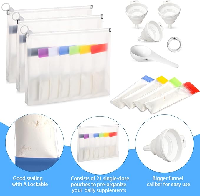 67pcs Protein Powder Travel Container Set 42 Single Dose Bags 6 Large Reusable Supplement Containers Portable Zip Pouches with Funnels Spoons Labels for Travel Gym Bath Salts Storage(Multicolor)