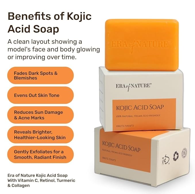 era of nature Turmeric Kojic Acid Soap for Dark Spots – Gentle Brightening Bar for Face, Underarms, Inner Thighs & Bikini Area – Vitamin C + Shea Butter – Moisturizing Soap, 4 x 100g
