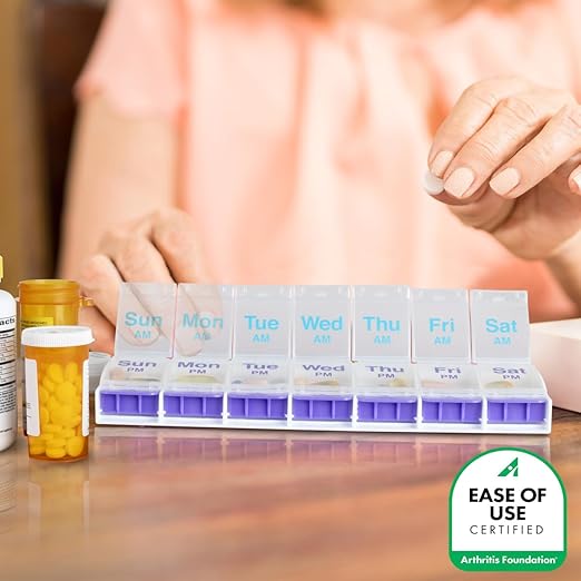 EZY DOSE Push Button (7-Day) Pill Case, Medicine Planner, Daily Vitamin Organizer, 2 Times a Day AM/PM, X-Large Compartments, Arthritis Friendly, Easy to use, Clear Lids, Purple and Blue, BPA Free