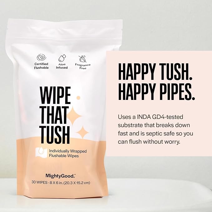 Wipe That Tush On-The-Go Flushable Wipes - 1 Pack of 30 Individually Wrapped Wipes - Fragrance Free - Extra Large & Soft - Hypoallergenic With Aloe & Vitamin E - Septic-Safe
