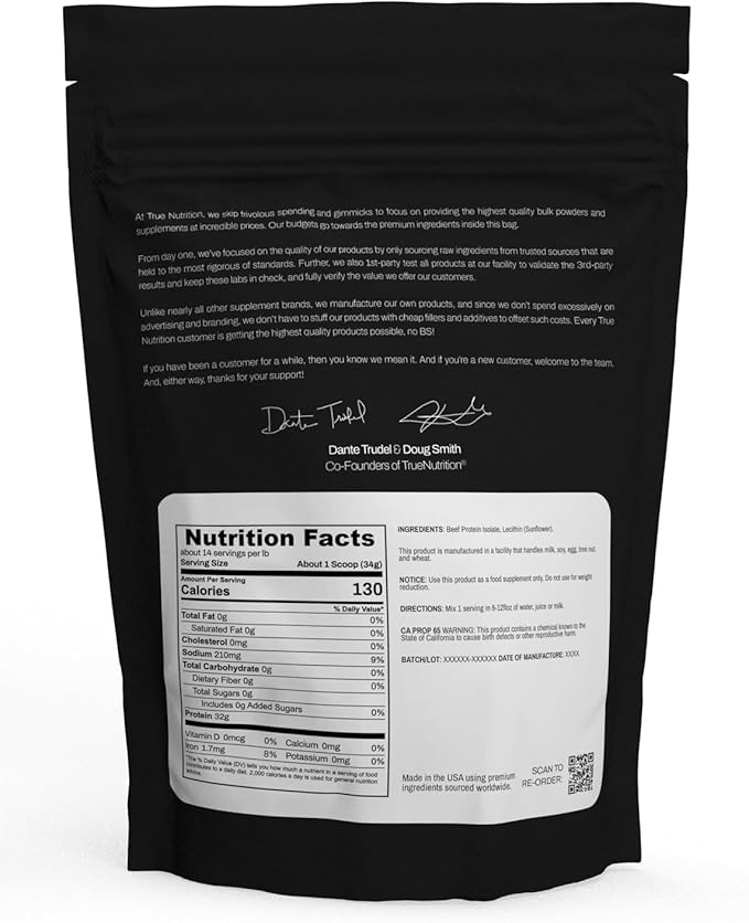 True Nutrition Grass Fed Beef Protein Isolate Powder - 31g Protein per Serving - Zero Carb, Fat Free, Dairy Free, Non-GMO - Paleo, Keto, Carnivore - Unflavored/Unsweetened - 1lb
