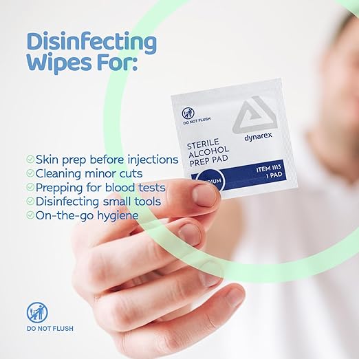 Dynarex DynaSafety Sterile Alcohol Prep Pads - Medium - 70% Isopropyl Alcohol, Individually Wrapped, Soft Cleaning Wipes - Case of 100 Boxes, 10 per Box