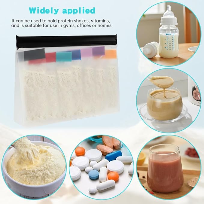 Protein Powder Travel Container Set, 21Pcs Leakproof Powder Dispensers Kit with Funnel, Portable 14pc Single Seal Bags with Labels Spoon and Brush, for Travel Fitness Trip(COLOR:white, black)