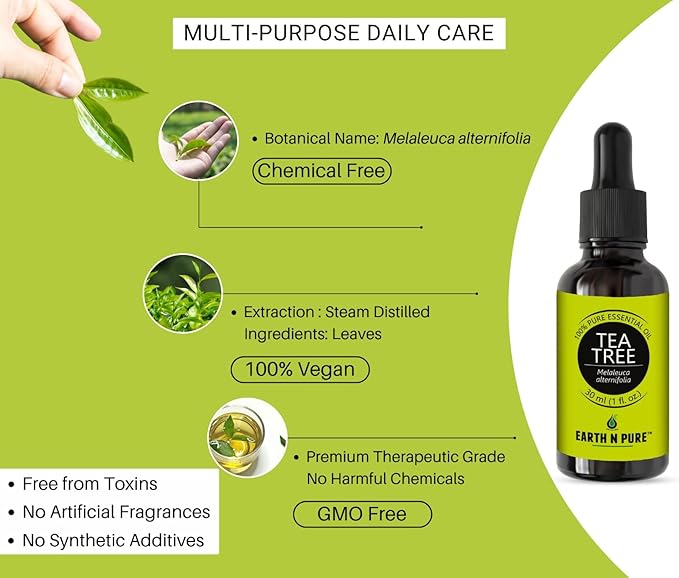 Earth N Pure Tea Tree Essential Oil Steam Distilled, Natural and Therapeutic Grade for Scalp & Skin Care with Glass Dropper | 50 ML