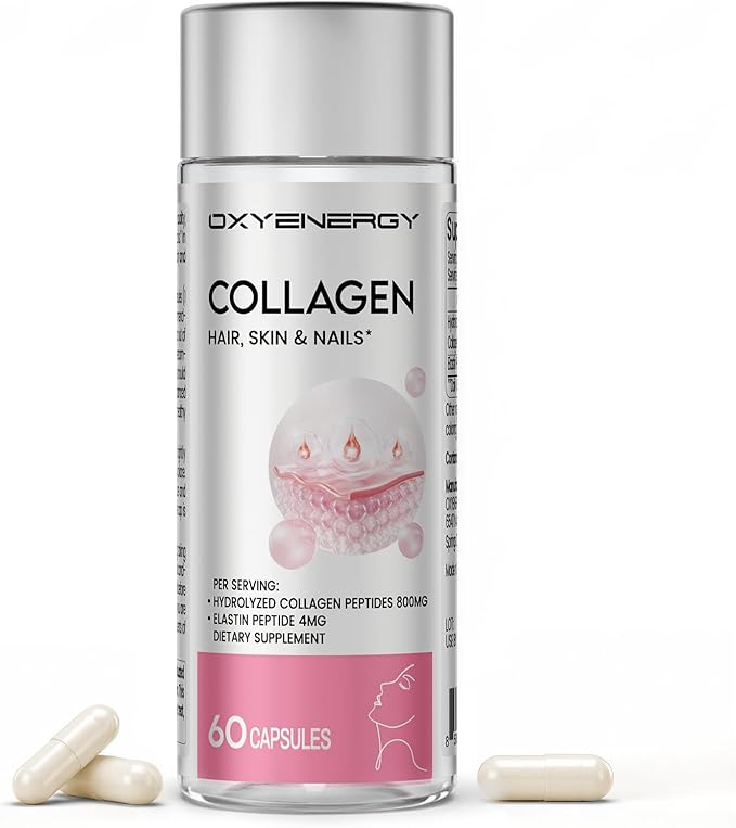OxyEnergy Collagen Peptides Capsules for Women, Hydrolyzed Collagen Supplements with Elastin Peptides, 60 Collagen Pills to Promotes Hair, Nail, Skin, Capsulas