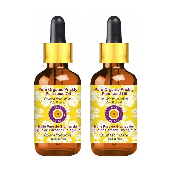 Deve Herbes Pure Organic Prickly Pear Seed Oil (Opuntia ficus-Indica) with Glass Dropper Cold Pressed (Pack of Two) 100ml X 2 (6.76 oz)