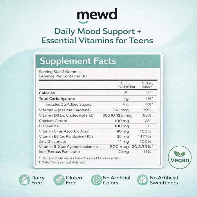 MEWD Teen and Kids Mood Support Multivitamin Gummies - Natural Focus & Calm with L-Theanine, Vitamins A, C, D3, B6, B9 & B12, Plus Zinc & Iron - Vegan Immune Booster, Gluten-Free Brain Health