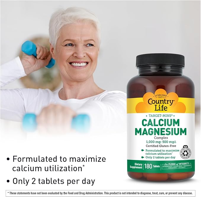 Country Life Target-Mins Calcium Magnesium Complex 1000mg/500mg, 180 Tablets, Certified Gluten Free, Vegan, Non-GMO Verified