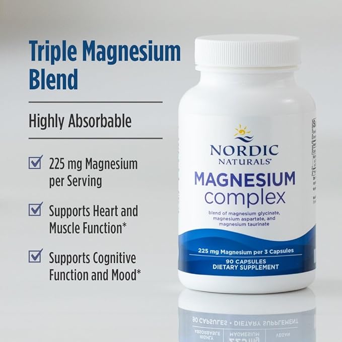 Nordic Naturals Magnesium Complex - 90 Capsules - 225 mg Magnesium, 1.9 mg Iron - Brain & Heart Health, Mood, Energy, & Muscle Relaxation - Non-GMO, Vegan - 30 Servings