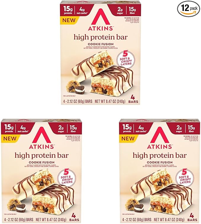 New Atkins High Protein Bars, Cookie Fusion Flavor, 15g of Protein, 4g Net Carbs, 4 Count (Pack of 3)