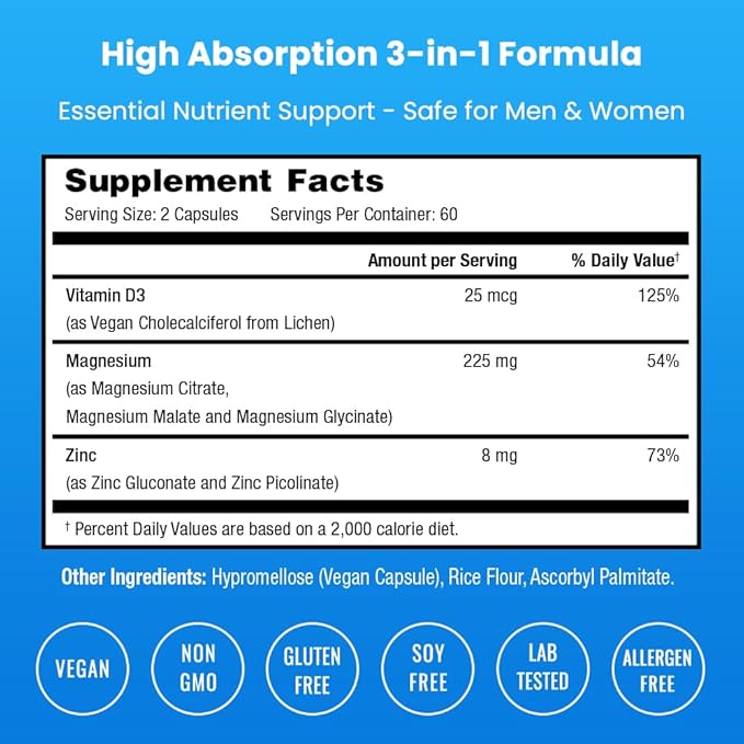 NutraChamps Magnesium Zinc & Vitamin D3 Supplement - Most Bioavailable Forms; Magnesium Glycinate, Malate, Citrate - Bone, Muscle & Heart Health, Immune Support - 120 Vegan Capsules