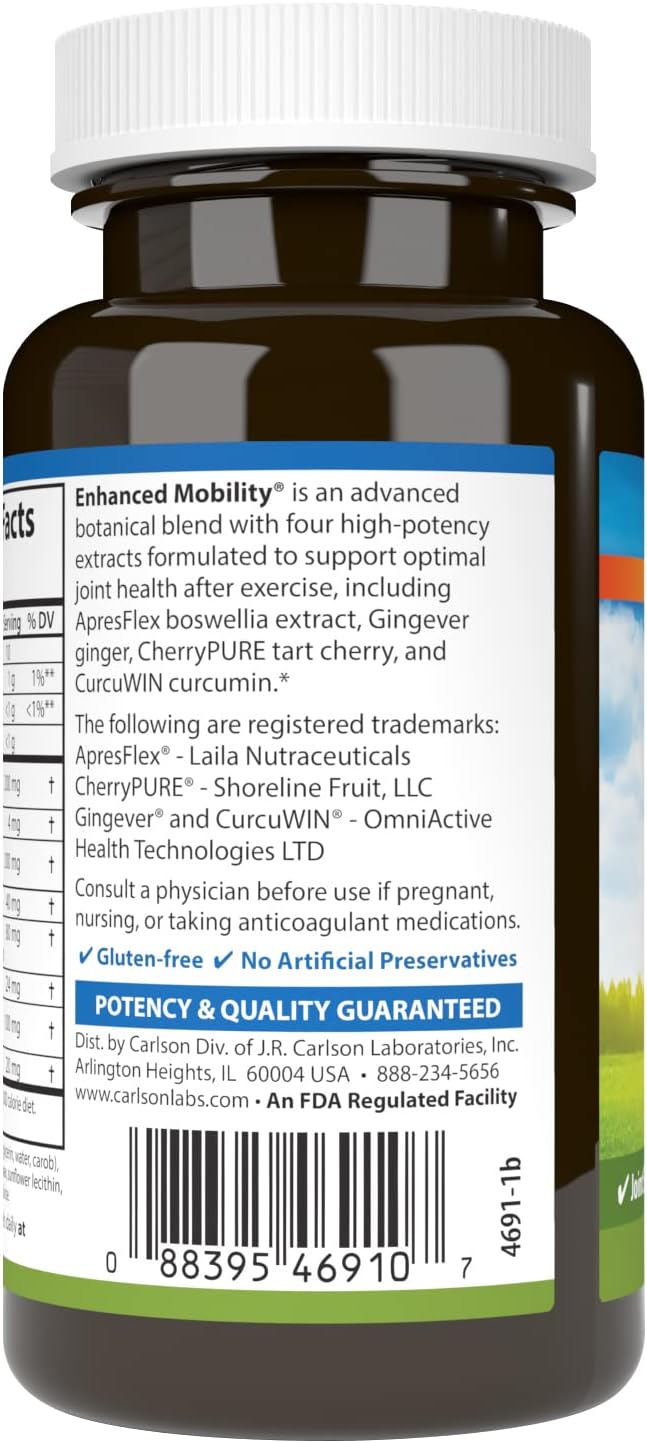 Carlson - Enhanced Mobility, Botanical Joint Support, Boswellia, Tart Cherry, Curcumin, Ginger, 60 Softgels