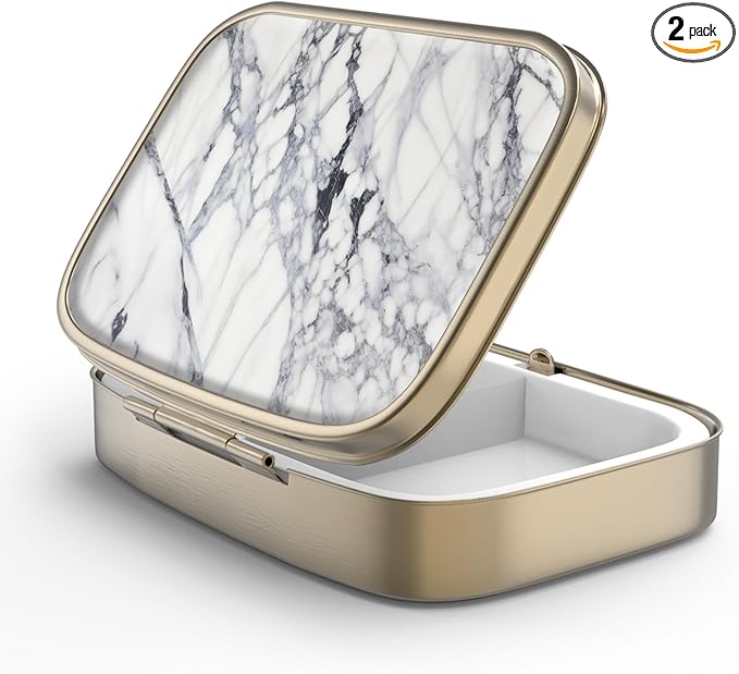 Pill Case Pill Box with Mirror Retro 2 Compartment Small Pill Case for Purse or Pocket Bronze Rectangular Pill Box or Vitamins, Fish Oil, Supplements, Pill Containe Travel Gifts（White Marble）