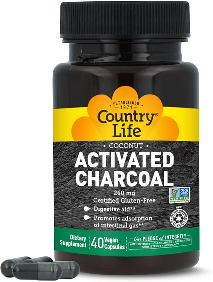 Country Life Coconut Activated Charcoal Capsules, 260mg – Natural Charcoal Supplement for Gas and Bloating Relief - Gluten-Free, 40 Vegan Capsules