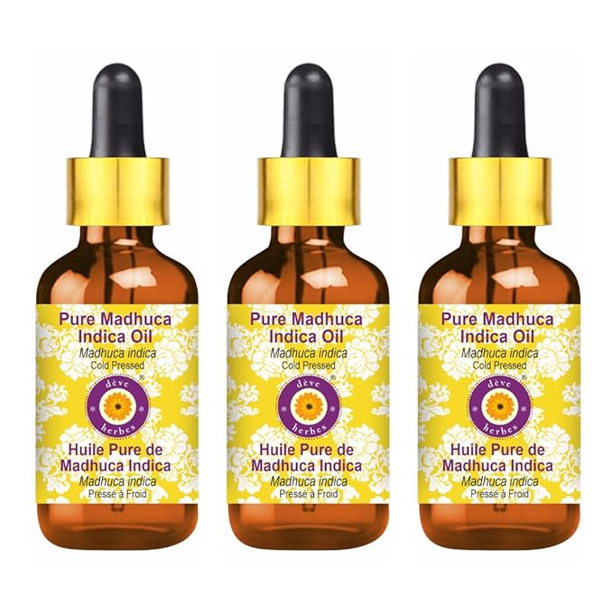 Deve Herbes Pure Madhuca Indica Oil (Madhuca Indica) with Glass Dropper Cold Pressed (Pack of Three)100ml X 3 (10 oz)