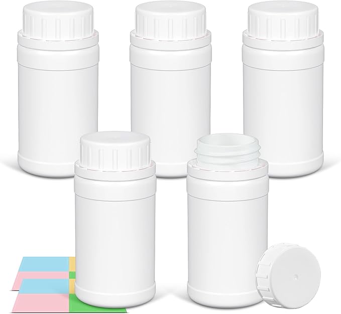 5 Pack Small Empty Plastic Bottles for Pills - Travel Medicine Containers with Lids & Labels, Portable Daily Organizer Storage for Vitamins, Medication Essentials