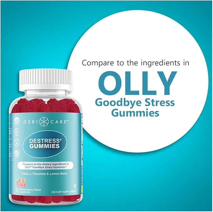 GeriCare DeStress Gummies with GABA, L-Theanine & Lemon Balm, Berry Flavor, 42 Count, Supports Relaxation & Mental Clarity, Non-GMO, Gluten-Free, Vegan (2 Pack)