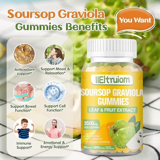Soursop Gummies for Adults, Organic Soursop Leaves and Fruit Extract with Vitamin C, Zinc, 3500mg Soursop Graviola for Immunity, Digestive Aid & Antioxidant Boost, Sugar/Gluten Free(30 Servings)