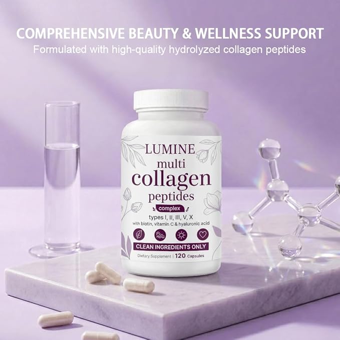 LUMINE Multi Collagen Complex Capsules – Hydrolyzed Protein Peptides Types I, II, III, V & X for Hair, Skin, Nails & Joint Support – Non-GMO, Gluten-Free & Easy to Swallow (120 Capsules)