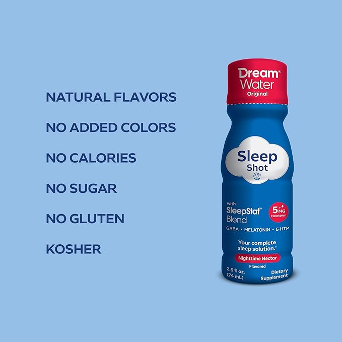 Dream Water Sleep Aid Supplement Drink; Melatonin 5mg, GABA, 5-HTP; Zero Sugar, Natural Flavors, No Added Colors, 2.5 oz Liquid Sleep Shots, Nighttime Nectar, 12-Count