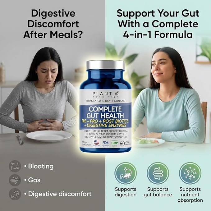 4-in-1 Gut Health Support – Prebiotics + Probiotics + Postbiotics + Digestive Enzymes – DE111 Spore Probiotic for Digestive Support & Bloating – Non-GMO, Made in USA – 60 Veggie Capsules