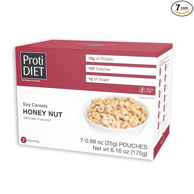 ProtiDIET High Protein Honey Nut Soy Cereal - Gluten Free, Keto Friendly, Low Sugar, Low Fat Honey Nut Cereal, Healthy Breakfast for Adults - Perfect Pair for your Milk - 7 Pouches
