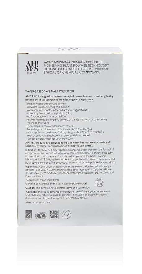 AH! YES® VM Water Based Vaginal Moisturizer | Long Lasting & Fast Acting for Vaginal Dryness & Irritation | pH Matched | Estrogen Free | Certified Organic & Natural (6 x 0.17 fl oz Applicators)