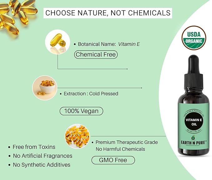 Earth N Pure Vitamin E Oil Therapeutic Grade for Skin, Hair and Nails with Glass Dropper 30 ml